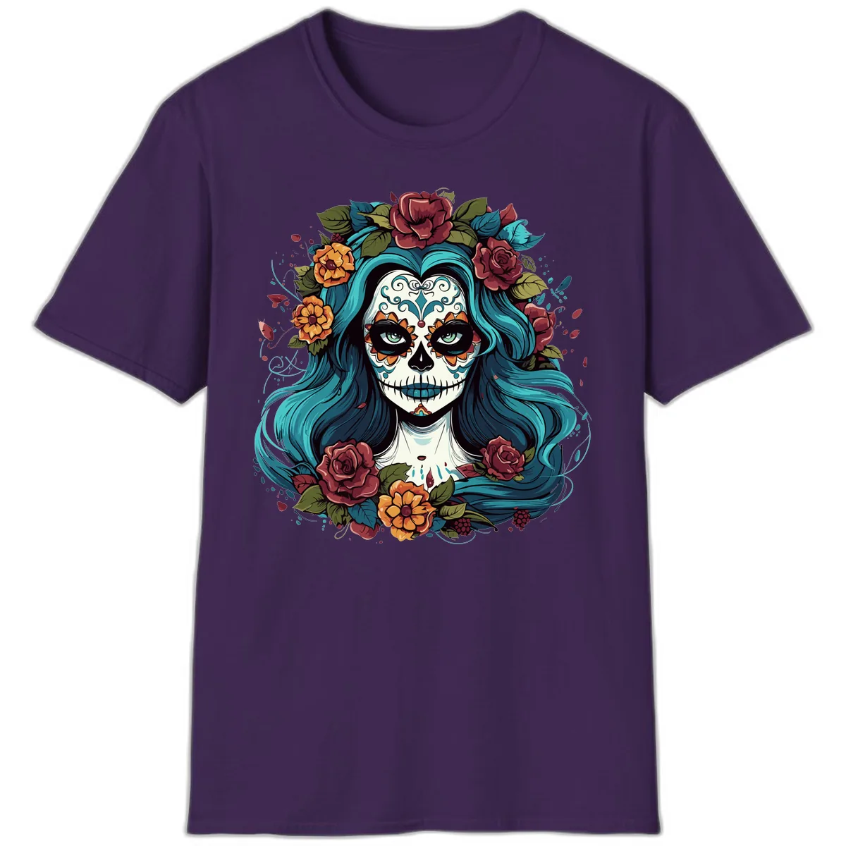 Floral Calavera with Teal Hair and Roses T-Shirt in Purple
