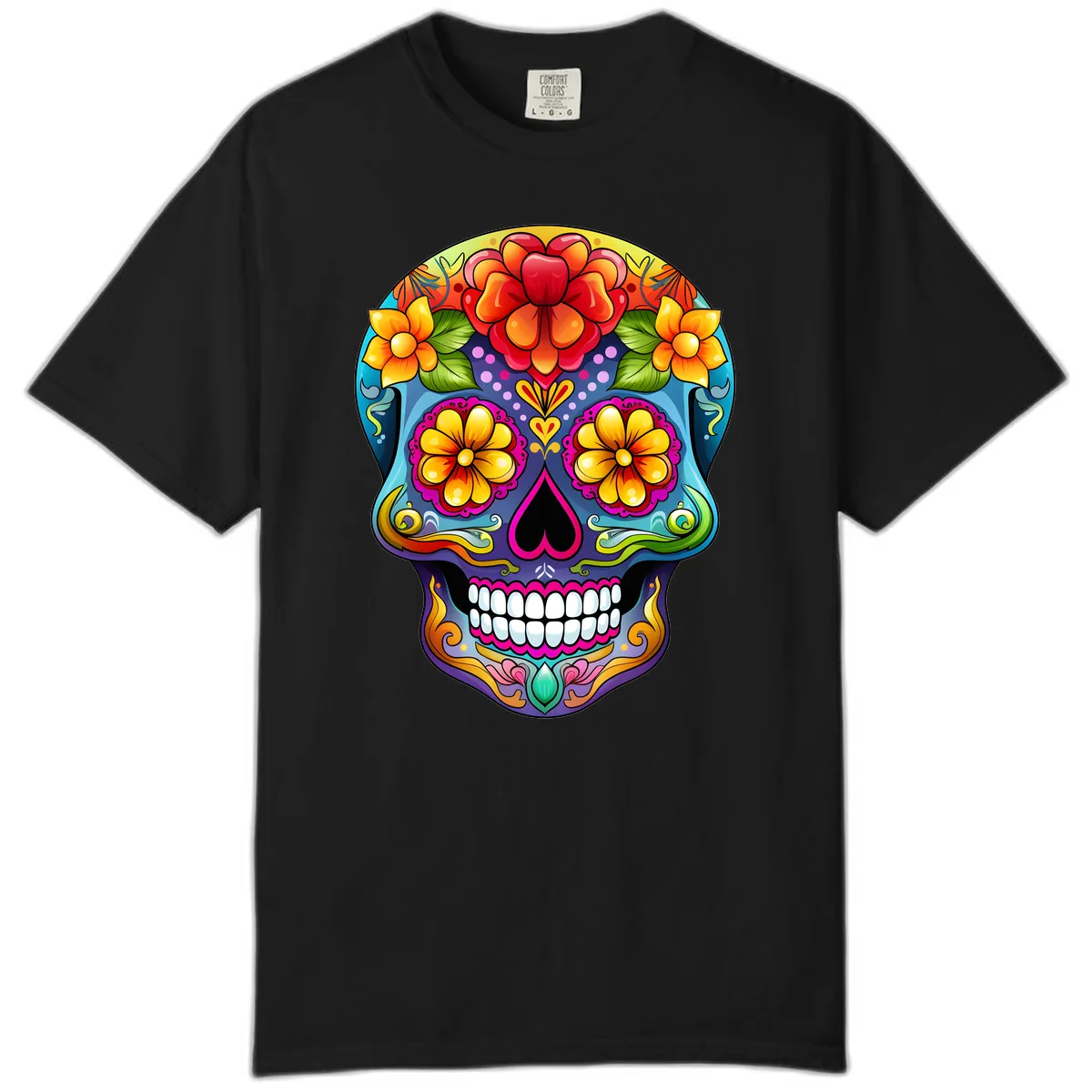 Vibrant Floral Calavera Sugar Skull Illustration Comfort Color in Black