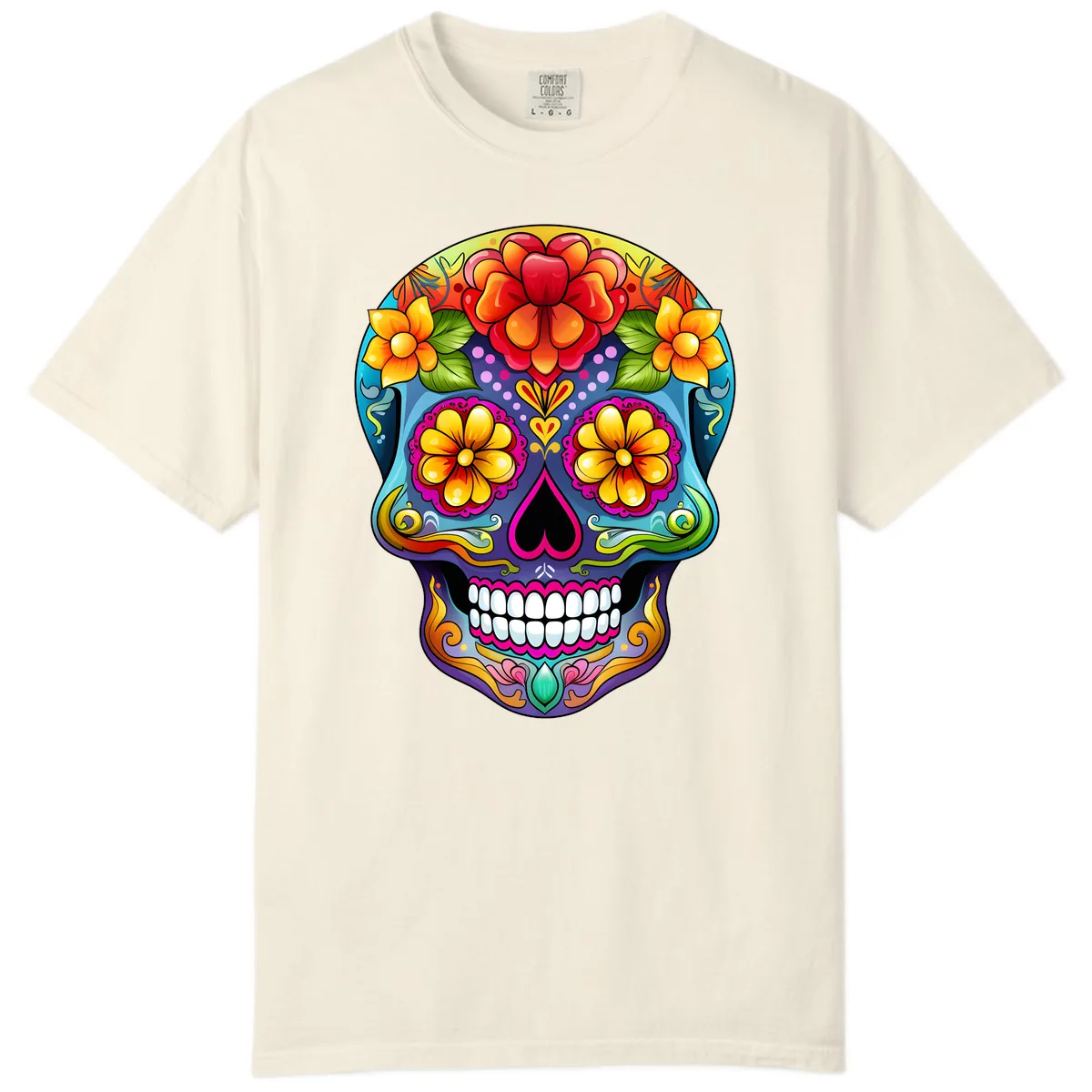 Vibrant Floral Calavera Sugar Skull Illustration Comfort Color in Ivory