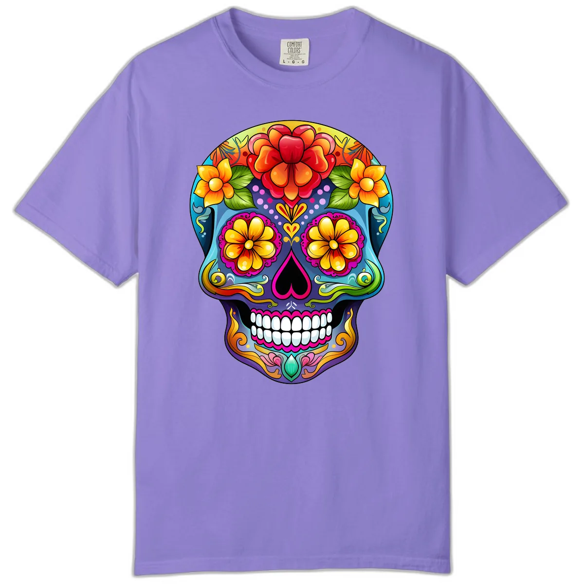 Vibrant Floral Calavera Sugar Skull Illustration Comfort Color in Violet