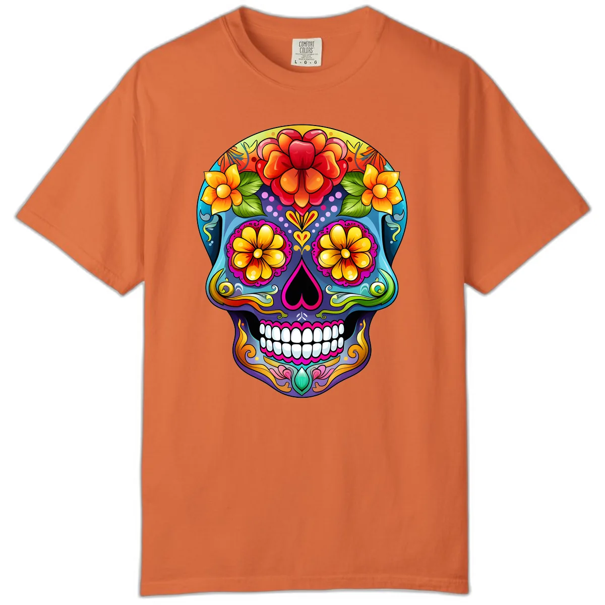 Vibrant Floral Calavera Sugar Skull Illustration Comfort Color in Burnt Orange