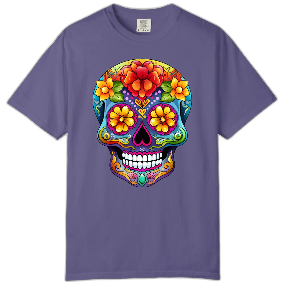 Vibrant Floral Calavera Sugar Skull Illustration Comfort Color in Grape