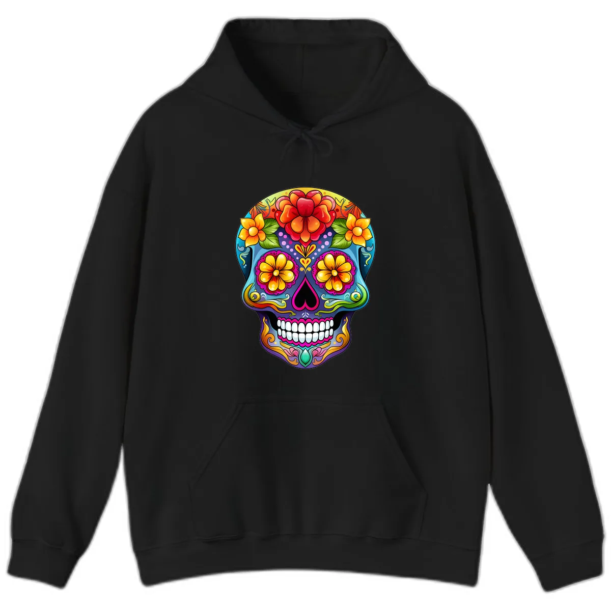 Vibrant Floral Calavera Sugar Skull Illustration Hoodie in Black