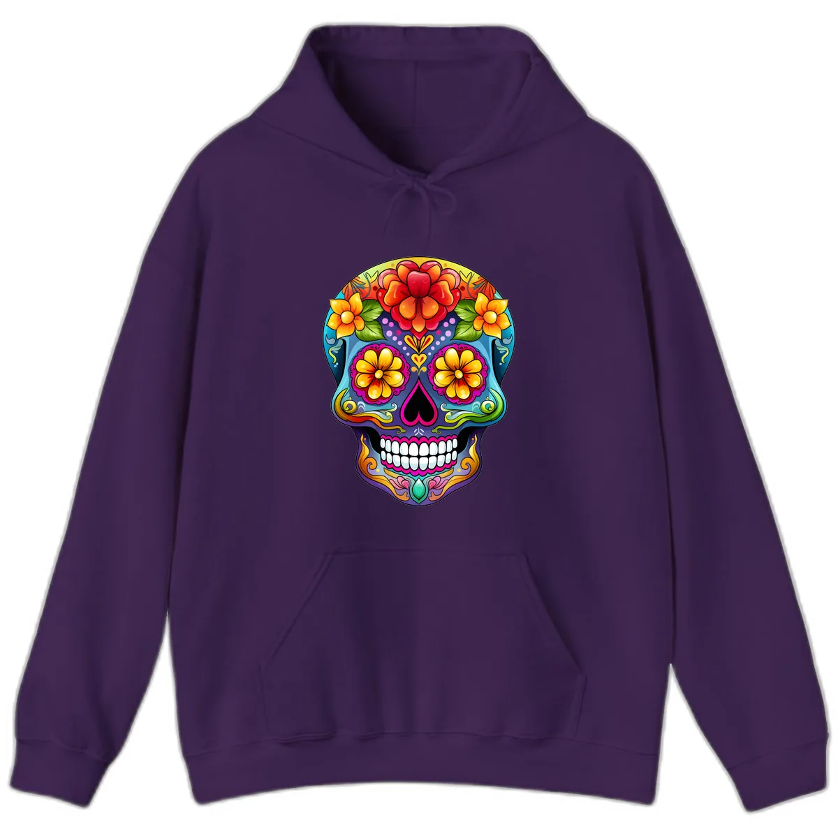 Vibrant Floral Calavera Sugar Skull Illustration Hoodie in Purple