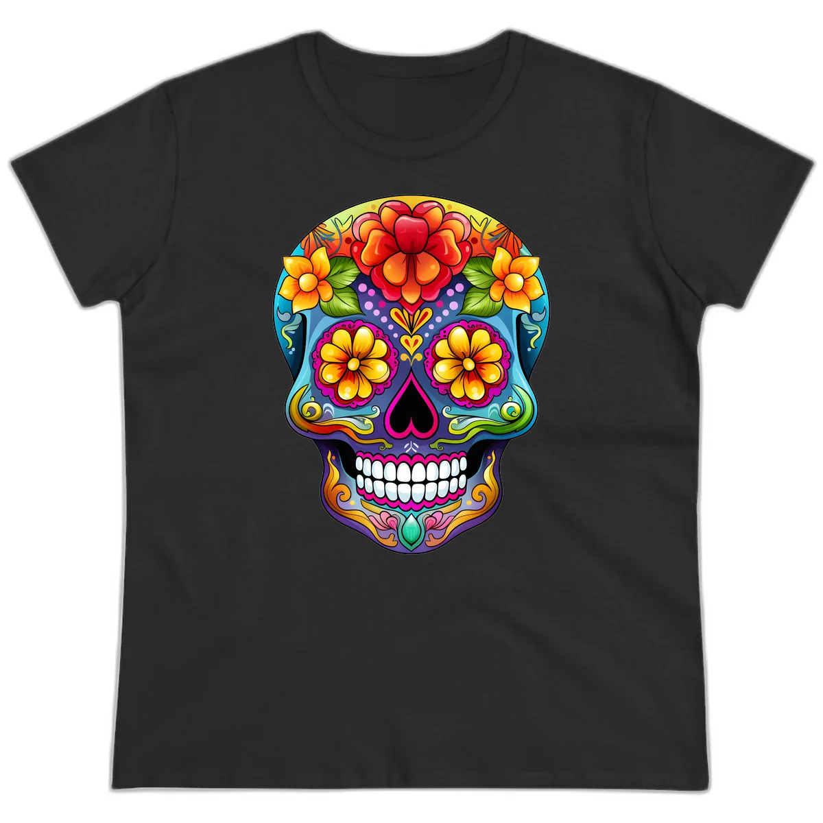 Vibrant Floral Calavera Sugar Skull Illustration Ladies Tee in Black