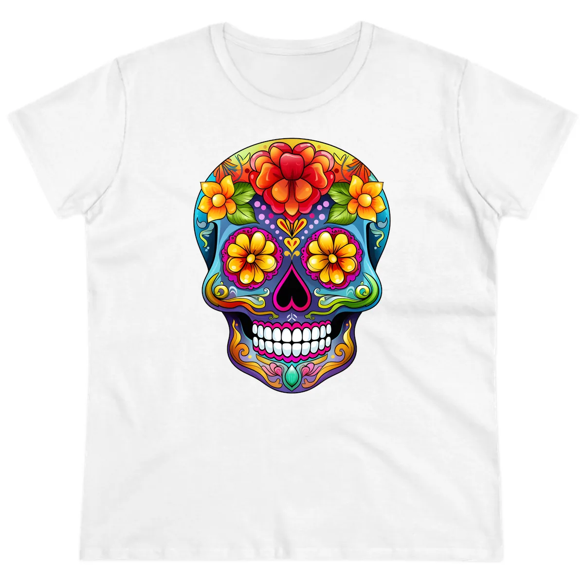 Vibrant Floral Calavera Sugar Skull Illustration Ladies Tee in White