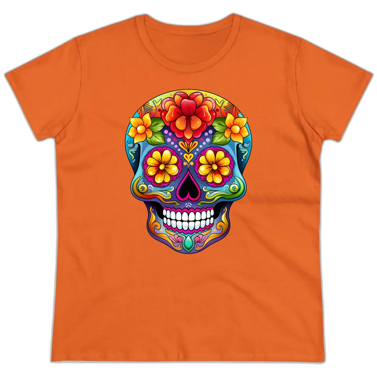 Vibrant Floral Calavera Sugar Skull Illustration Ladies Tee in Orange