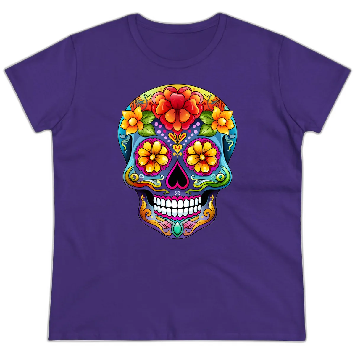 Vibrant Floral Calavera Sugar Skull Illustration Ladies Tee in Purple