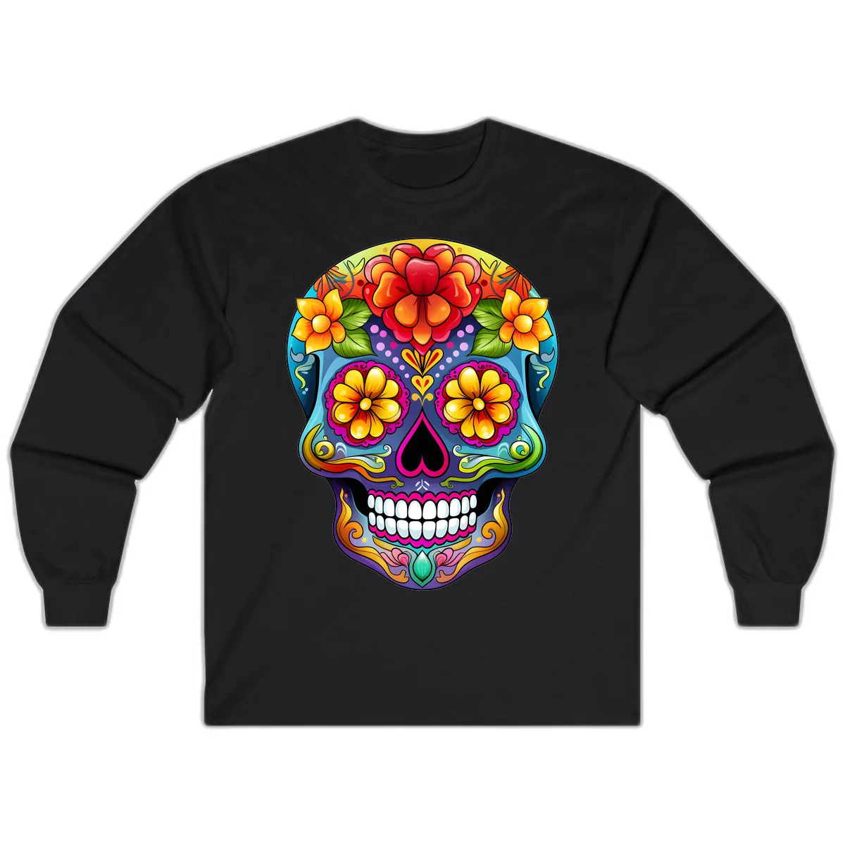 Vibrant Floral Calavera Sugar Skull Illustration Long Sleeve in Black