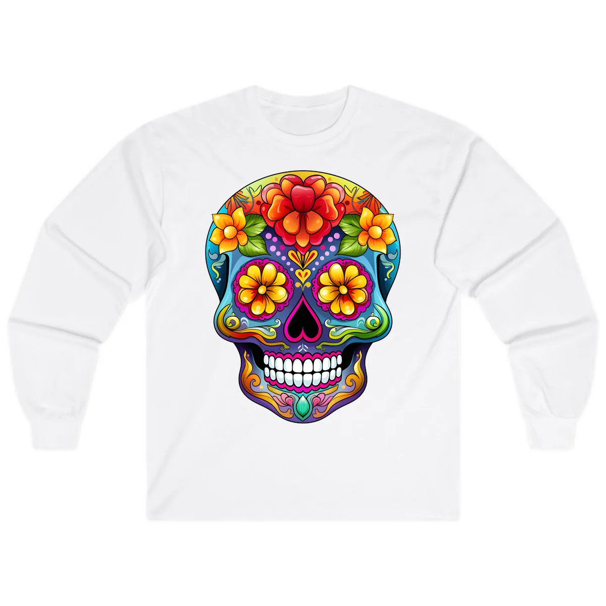Vibrant Floral Calavera Sugar Skull Illustration Long Sleeve in White