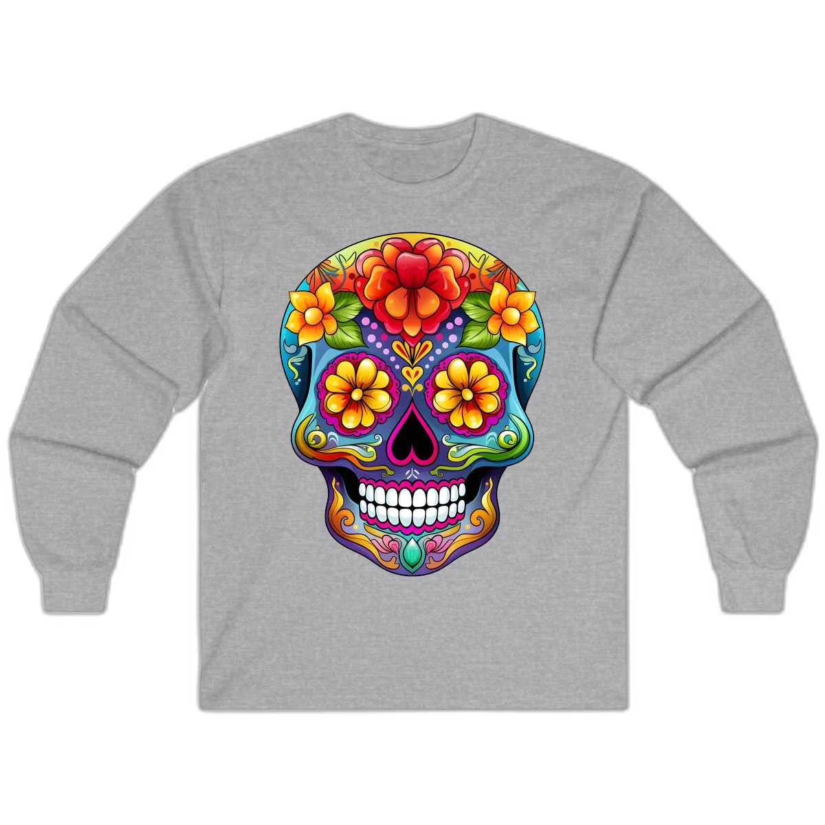 Vibrant Floral Calavera Sugar Skull Illustration Long Sleeve in Sport Grey