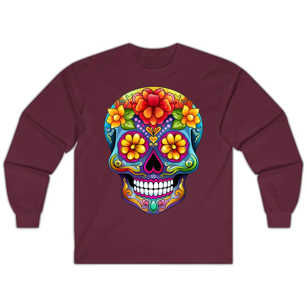 Vibrant Floral Calavera Sugar Skull Illustration Long Sleeve in Maroon