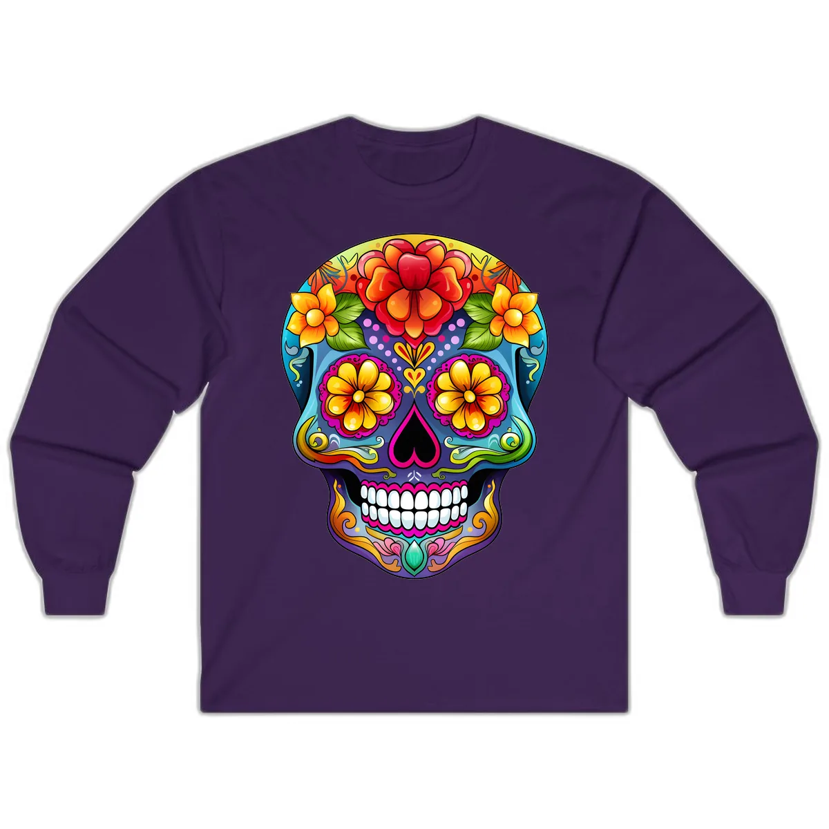 Vibrant Floral Calavera Sugar Skull Illustration Long Sleeve in Purple
