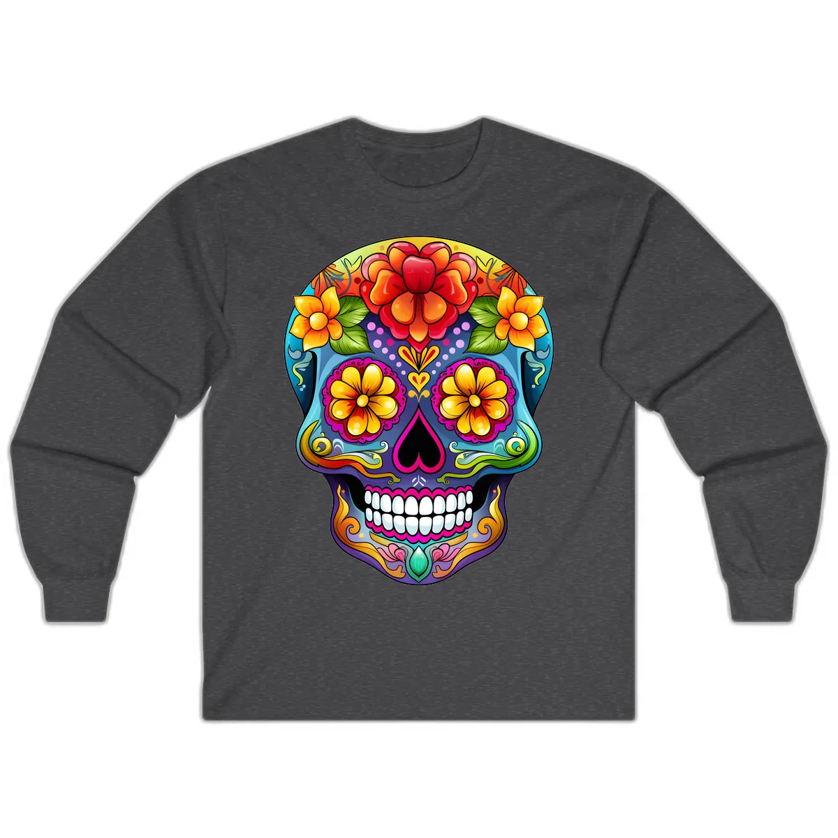 Vibrant Floral Calavera Sugar Skull Illustration Long Sleeve in Dark Heather