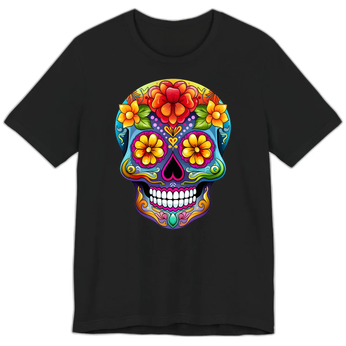 Vibrant Floral Calavera Sugar Skull Illustration Premium T-Shirt in Black