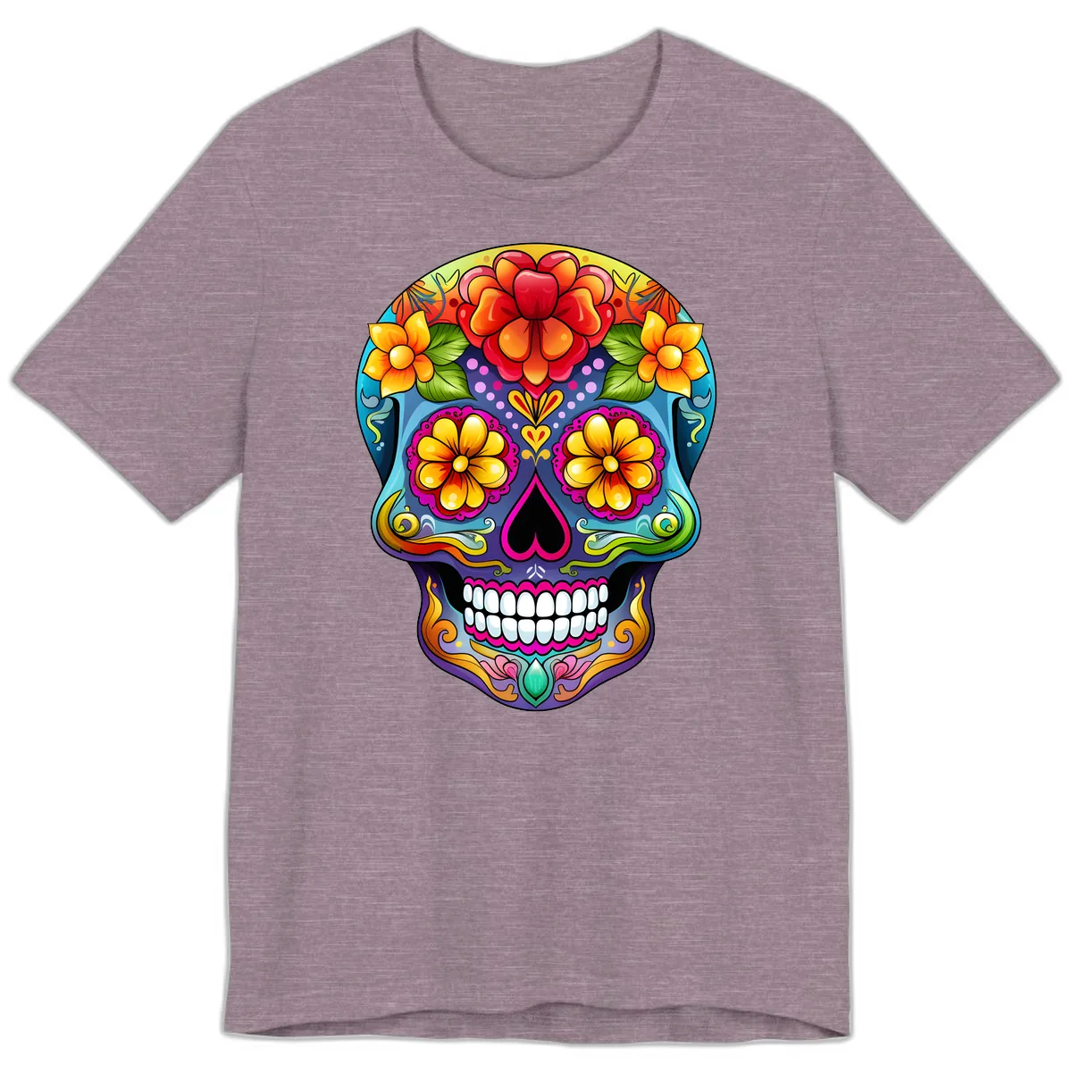 Vibrant Floral Calavera Sugar Skull Illustration Premium T-Shirt in Heather Purple