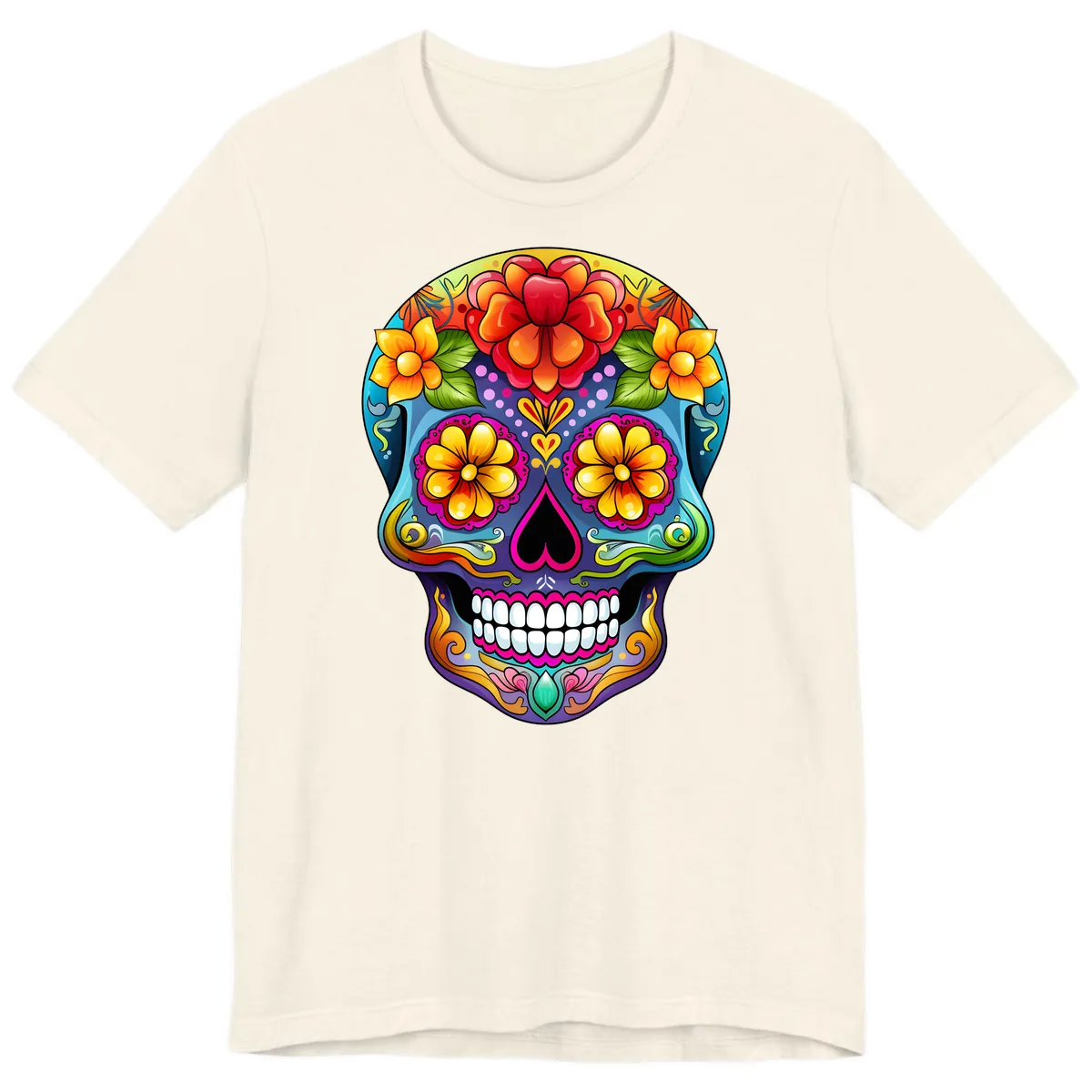 Vibrant Floral Calavera Sugar Skull Illustration Premium T-Shirt in Natural