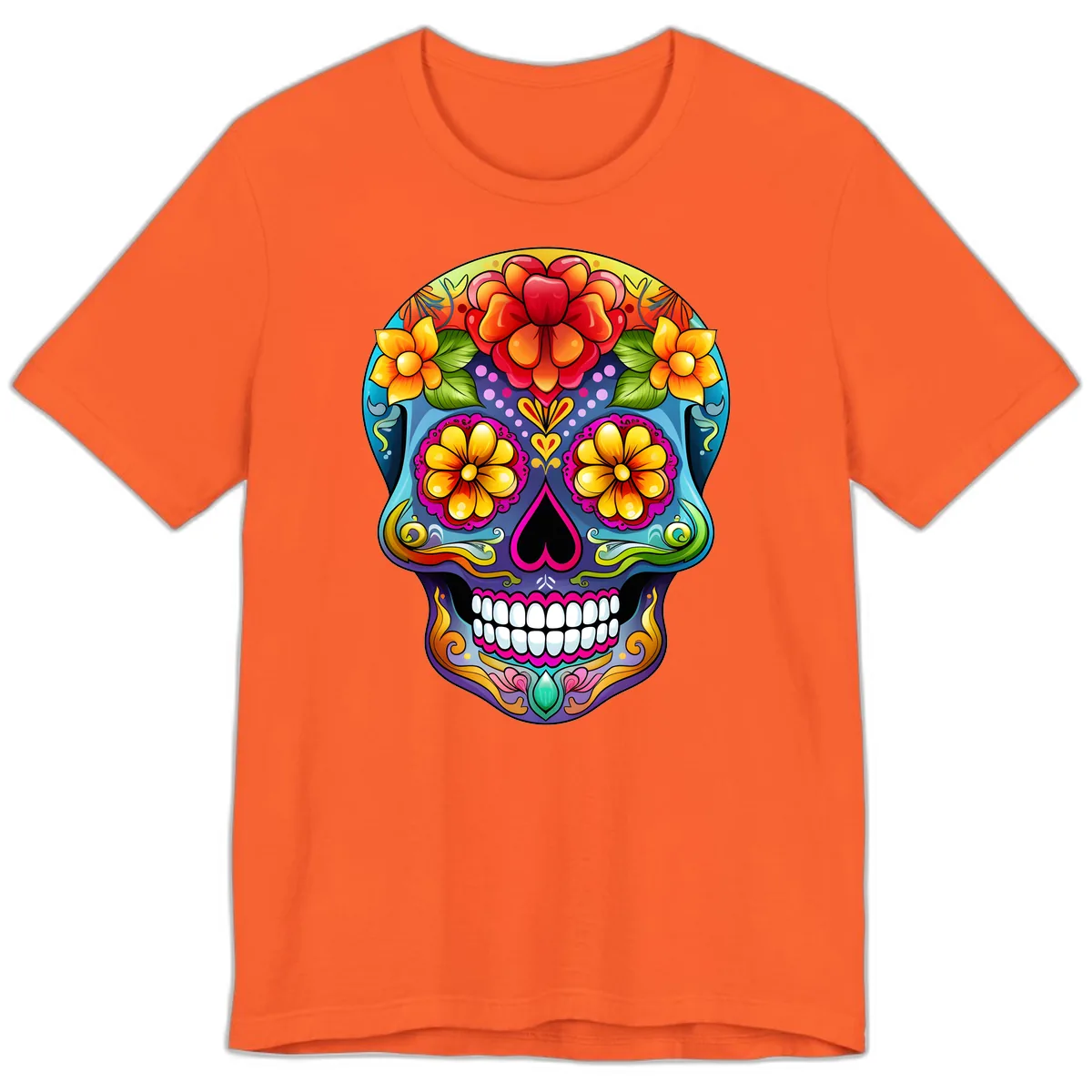 Vibrant Floral Calavera Sugar Skull Illustration Premium T-Shirt in Orange