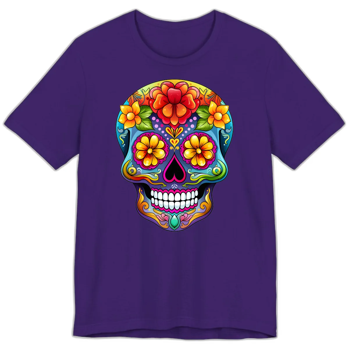 Vibrant Floral Calavera Sugar Skull Illustration Premium T-Shirt in Team Purple