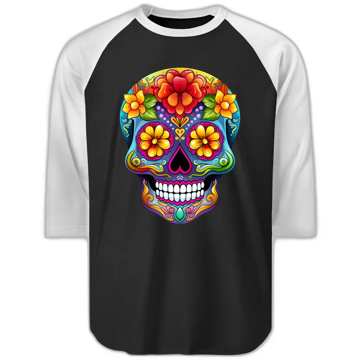 Vibrant Floral Calavera Sugar Skull Illustration Raglan 3/4 in Black White