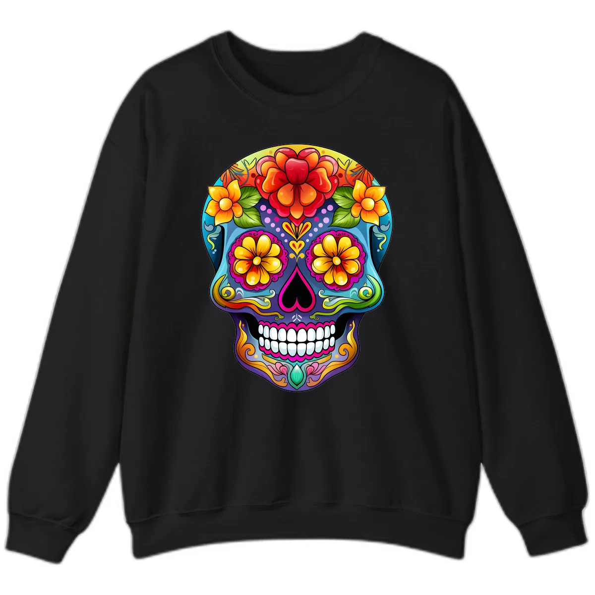 Vibrant Floral Calavera Sugar Skull Illustration Sweatshirt in Black