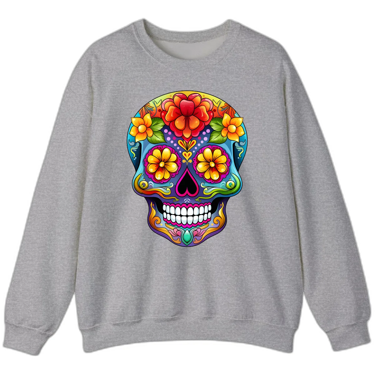 Vibrant Floral Calavera Sugar Skull Illustration Sweatshirt in Sport Grey