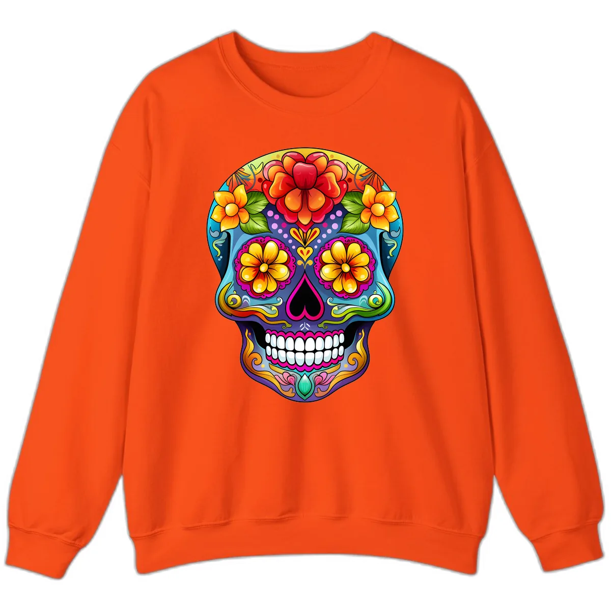 Vibrant Floral Calavera Sugar Skull Illustration Sweatshirt in Orange