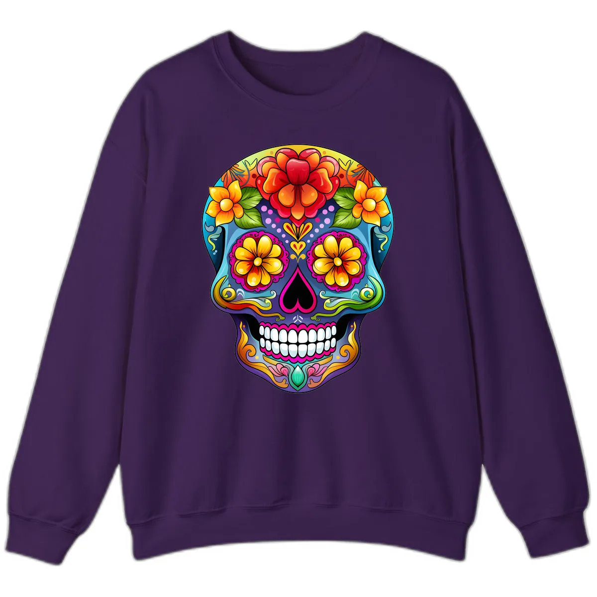Vibrant Floral Calavera Sugar Skull Illustration Sweatshirt in Purple