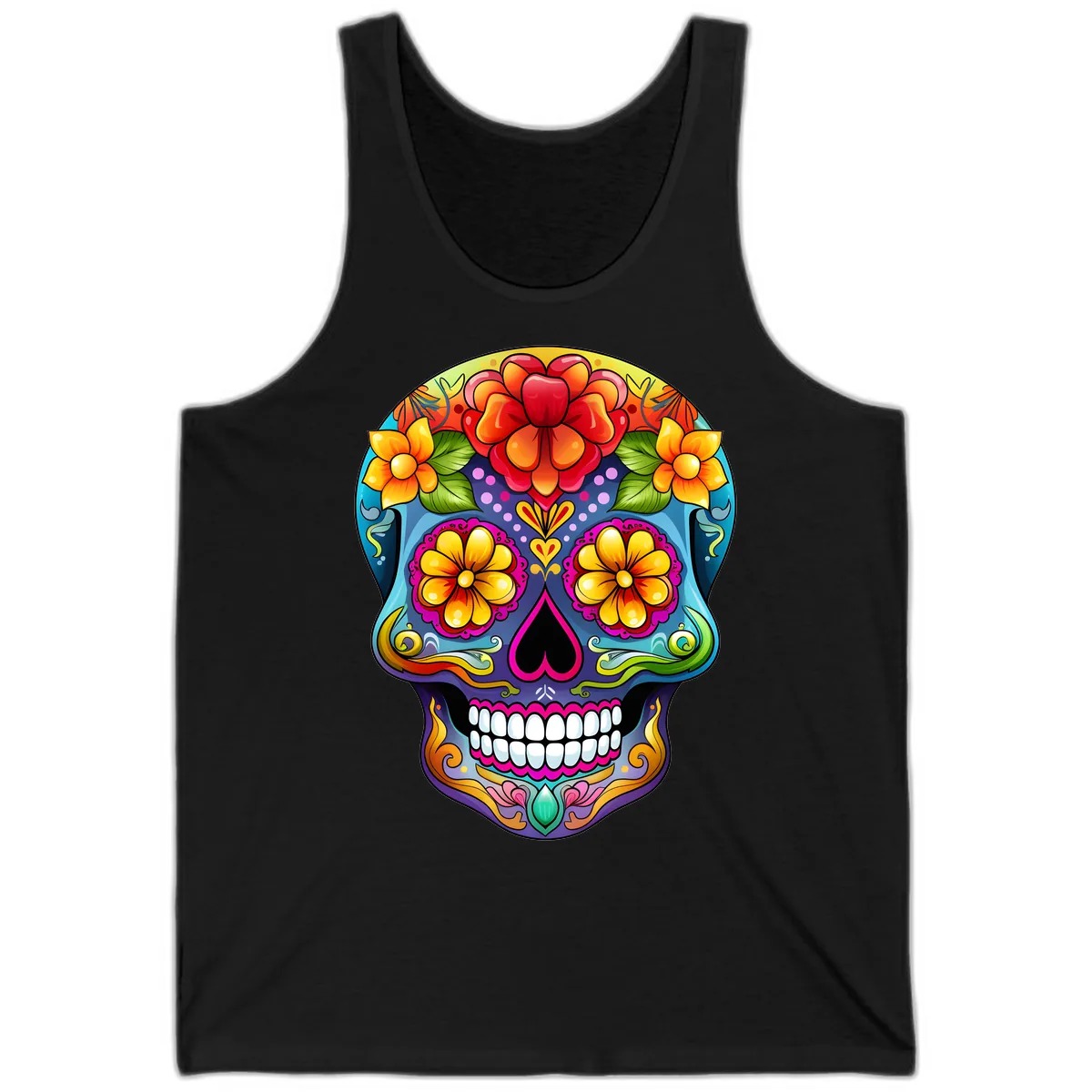 Vibrant Floral Calavera Sugar Skull Illustration Tank in Black