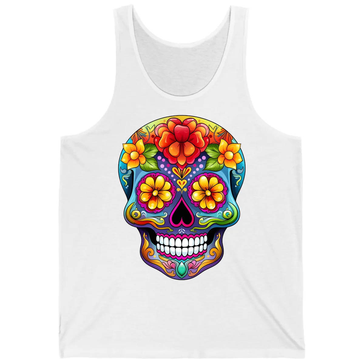 Vibrant Floral Calavera Sugar Skull Illustration Tank in White