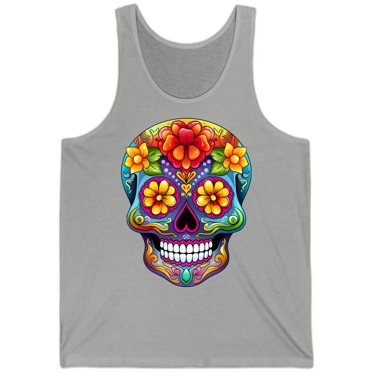 Vibrant Floral Calavera Sugar Skull Illustration Tank in Athletic Heather