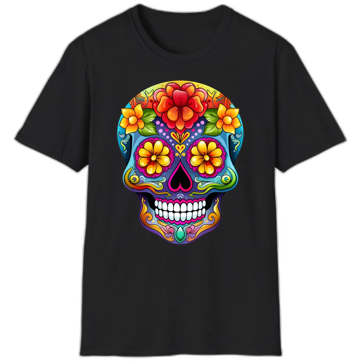 Vibrant Floral Calavera Sugar Skull Illustration T-Shirt in Black