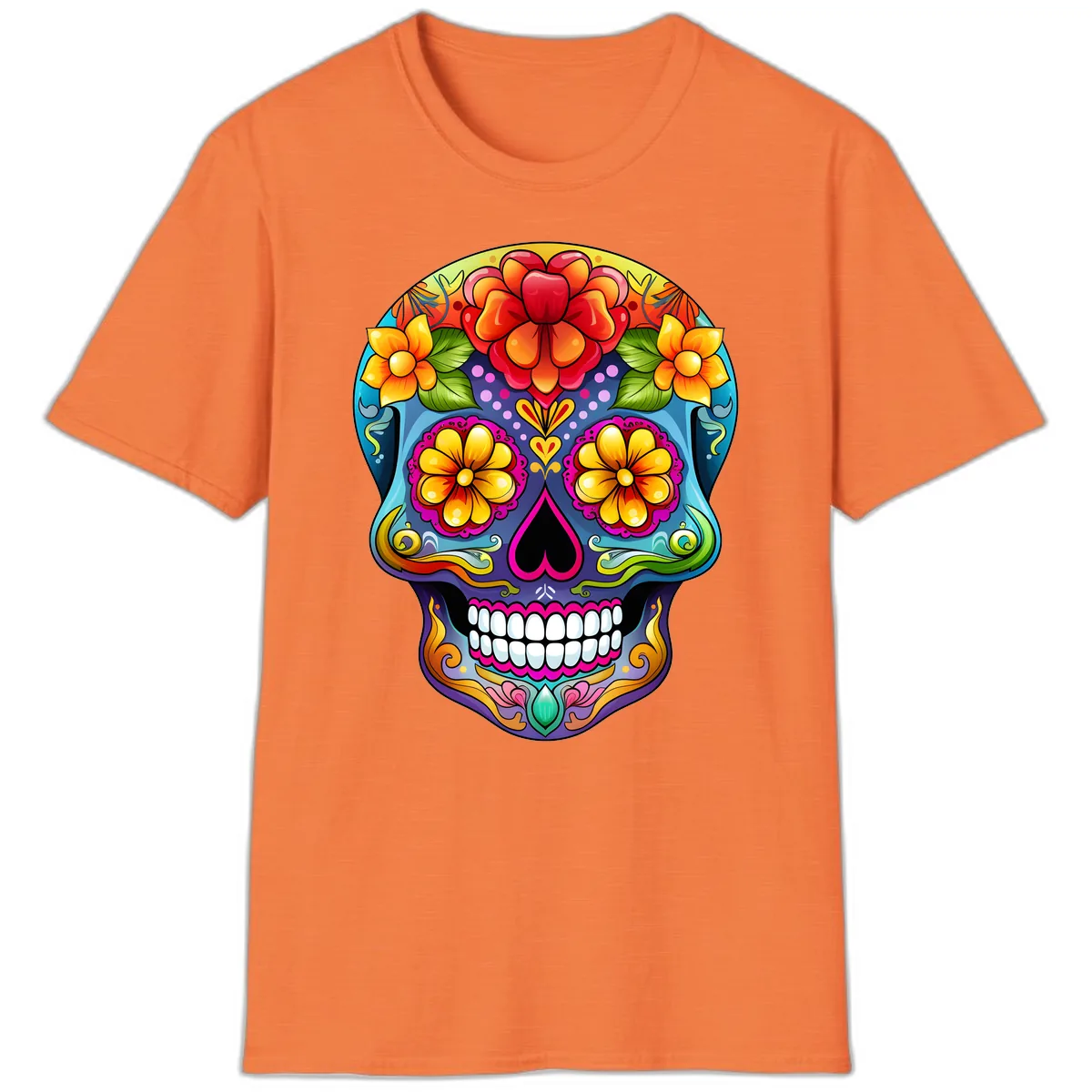 Vibrant Floral Calavera Sugar Skull Illustration T-Shirt in Heather Orange