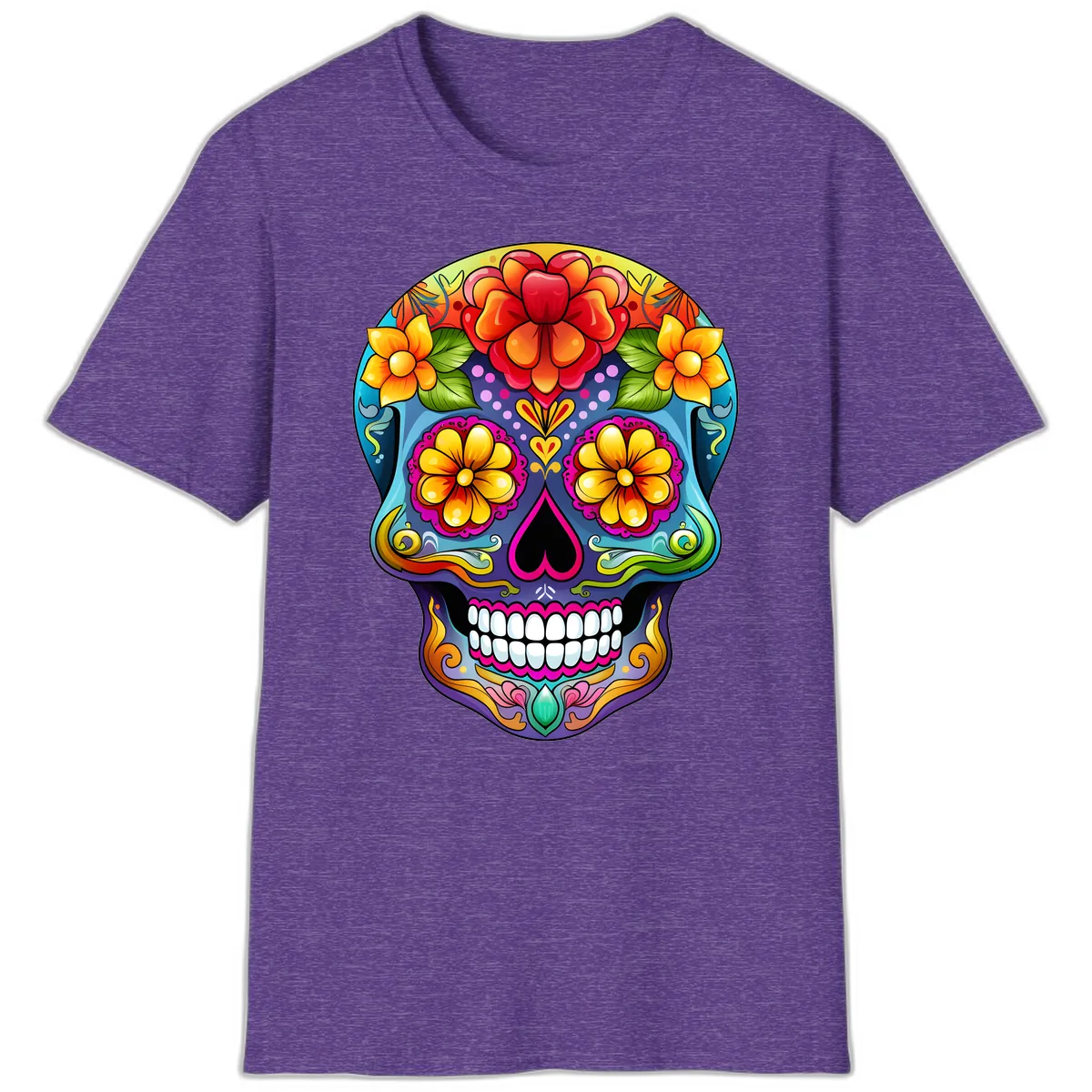 Vibrant Floral Calavera Sugar Skull Illustration T-Shirt in Heather Purple