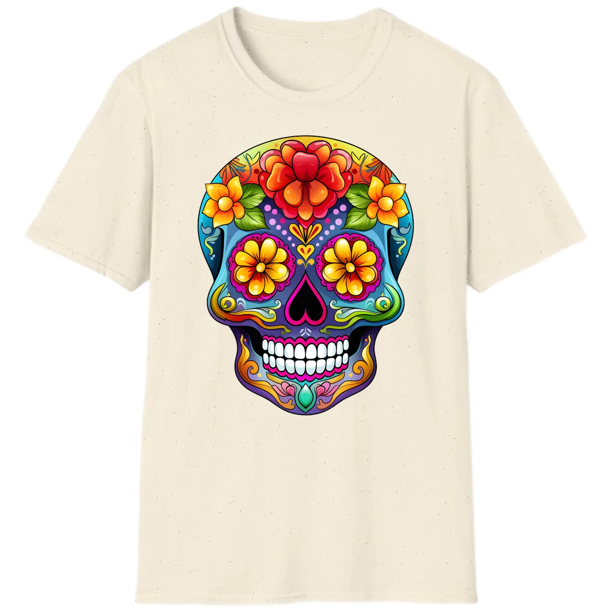 Vibrant Floral Calavera Sugar Skull Illustration T-Shirt in Natural