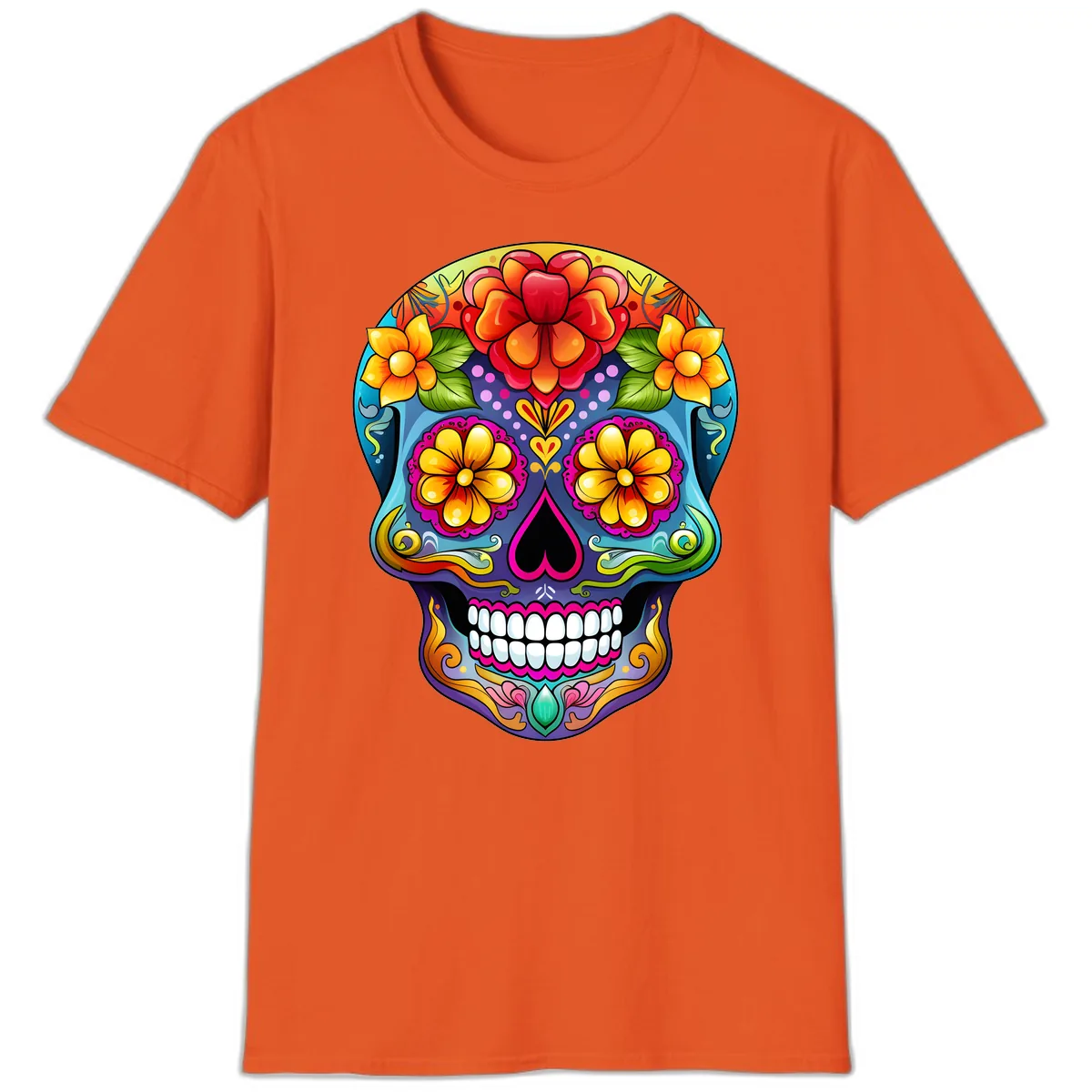 Vibrant Floral Calavera Sugar Skull Illustration T-Shirt in Orange