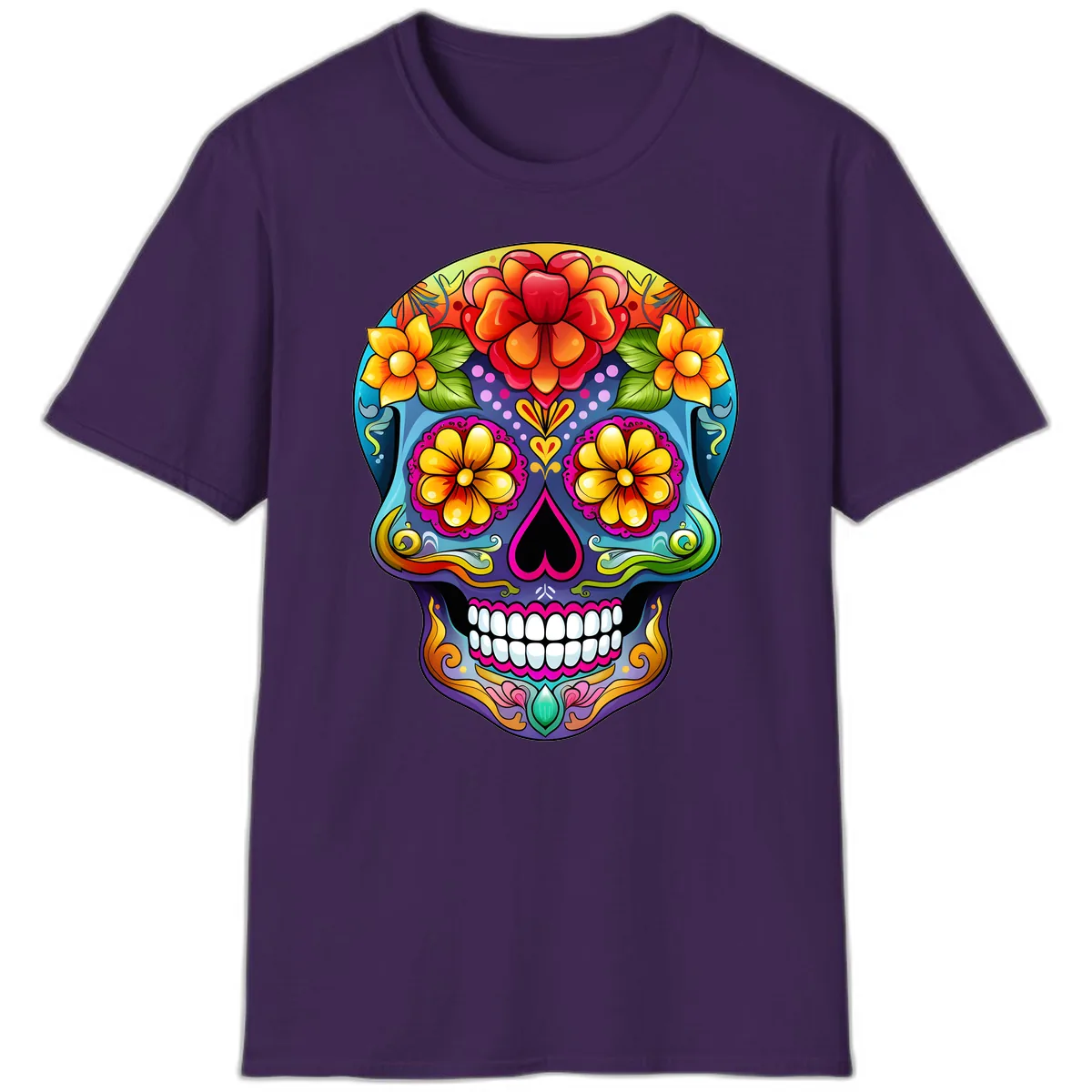 Vibrant Floral Calavera Sugar Skull Illustration T-Shirt in Purple