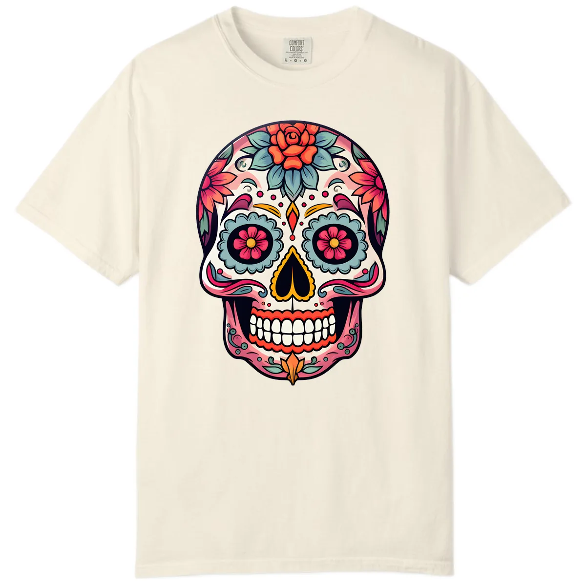 Vibrant Floral Calavera Sugar Skull Comfort Color in Ivory