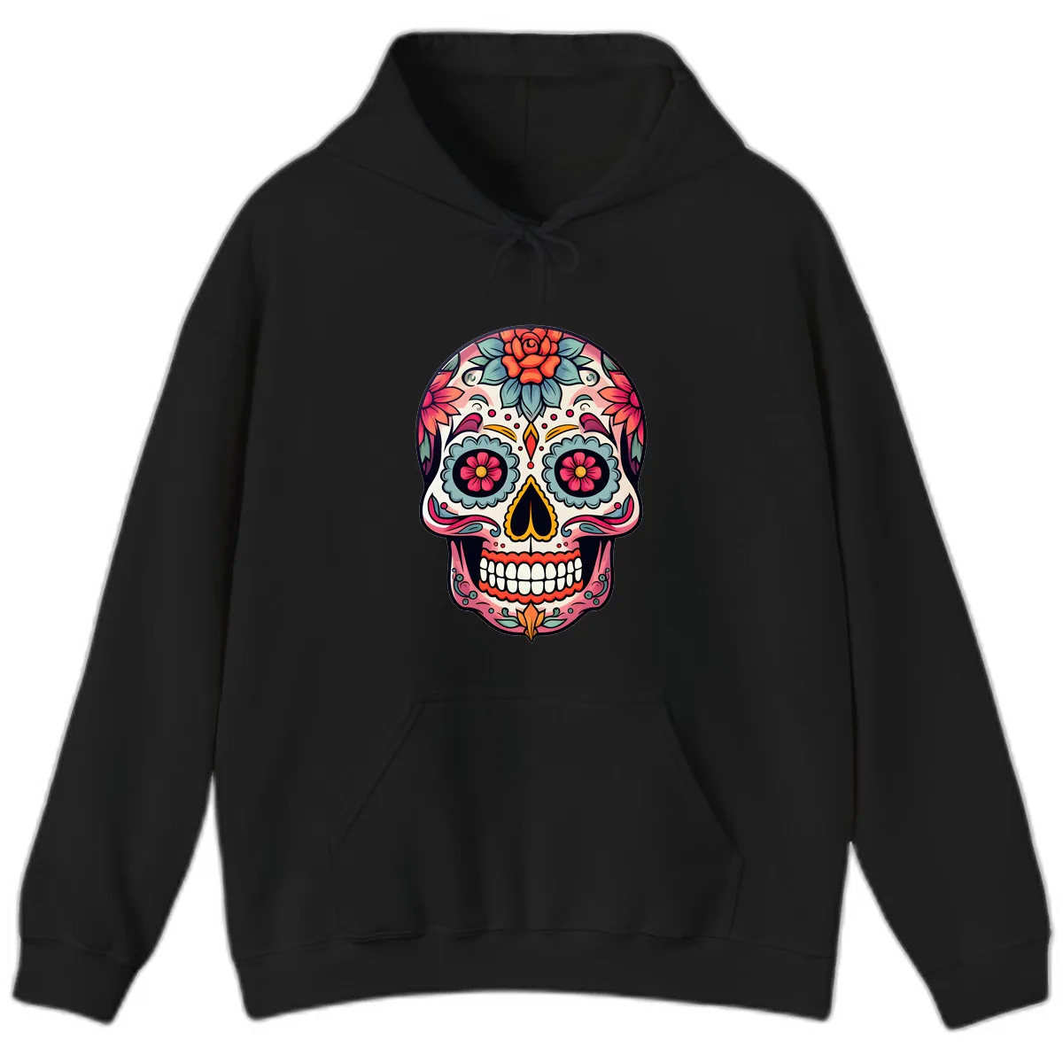 Vibrant Floral Calavera Sugar Skull Hoodie in Black