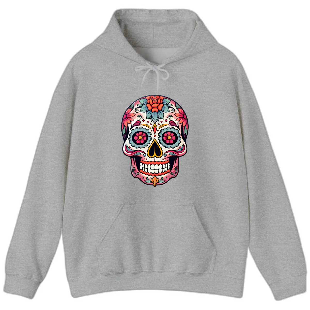 Vibrant Floral Calavera Sugar Skull Hoodie in Sport Grey