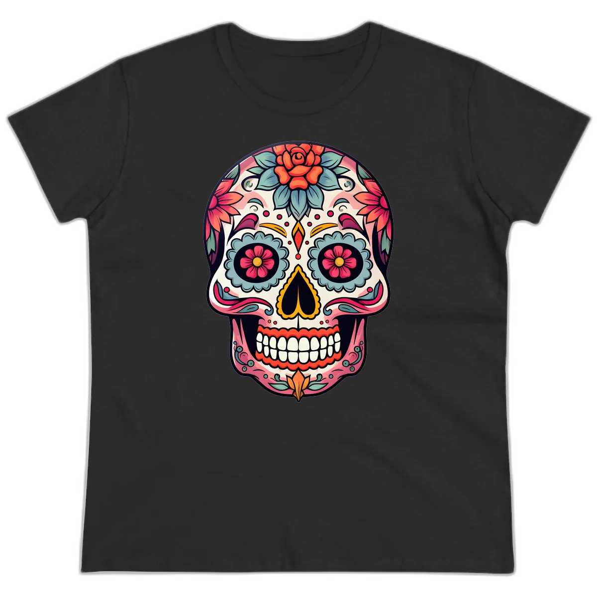 Vibrant Floral Calavera Sugar Skull Ladies Tee in Black