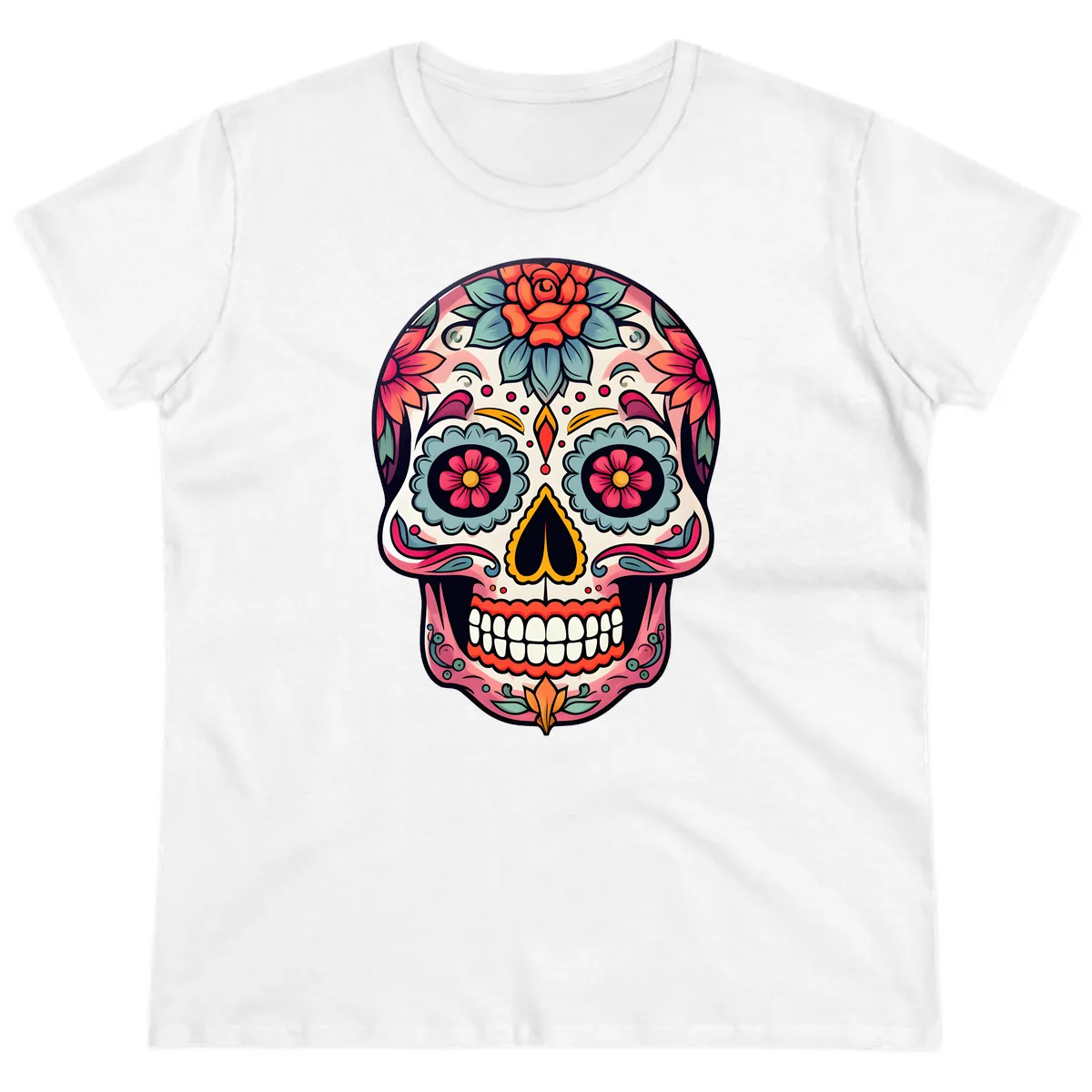 Vibrant Floral Calavera Sugar Skull Ladies Tee in White