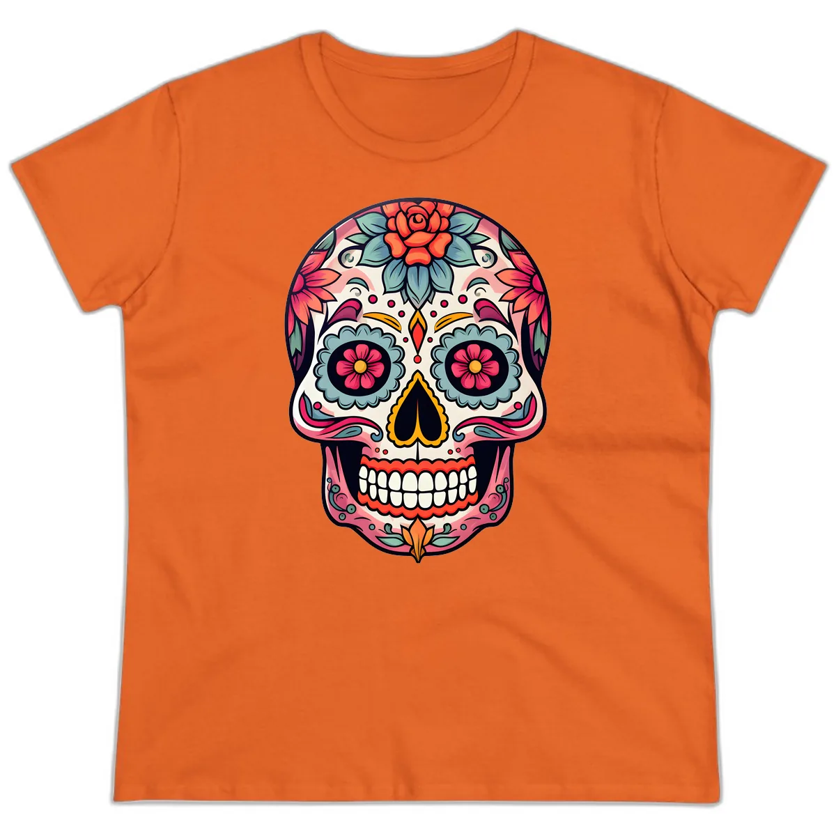 Vibrant Floral Calavera Sugar Skull Ladies Tee in Orange