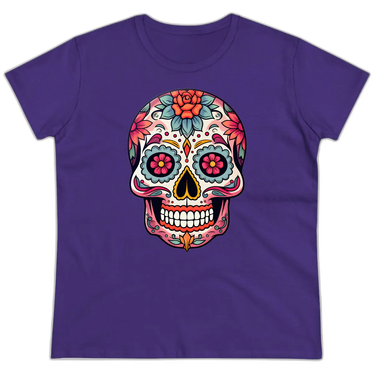 Vibrant Floral Calavera Sugar Skull Ladies Tee in Purple