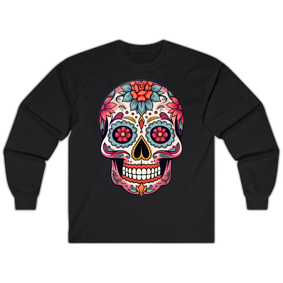 Vibrant Floral Calavera Sugar Skull Long Sleeve in Black