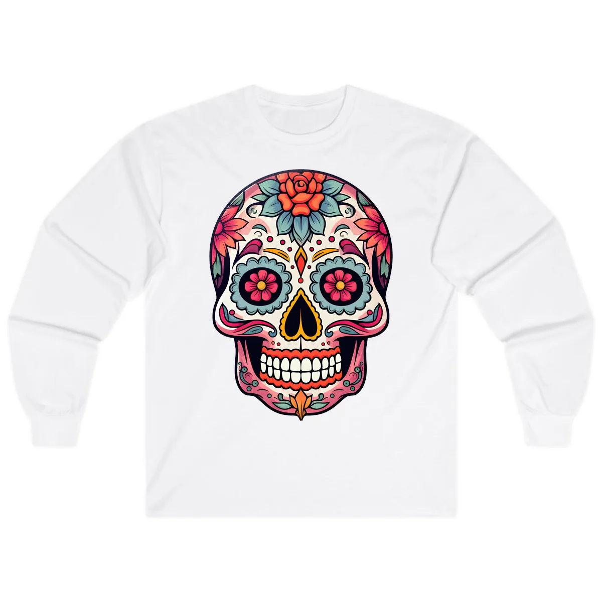 Vibrant Floral Calavera Sugar Skull Long Sleeve in White