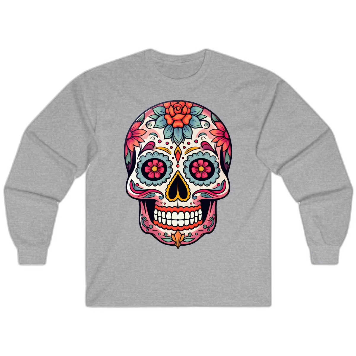 Vibrant Floral Calavera Sugar Skull Long Sleeve in Sport Grey