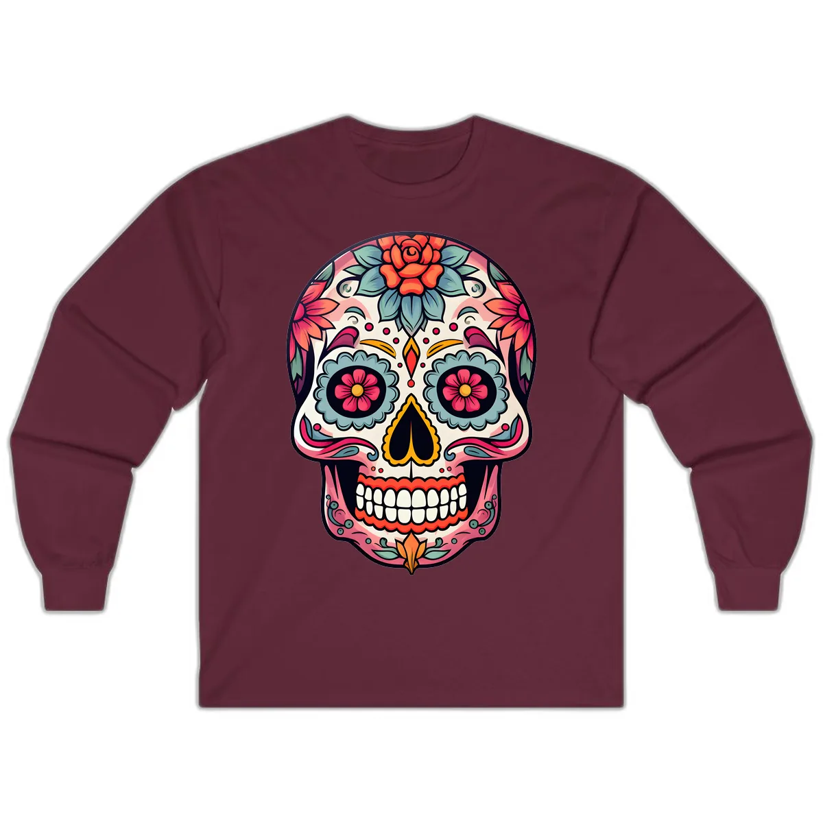 Vibrant Floral Calavera Sugar Skull Long Sleeve in Maroon