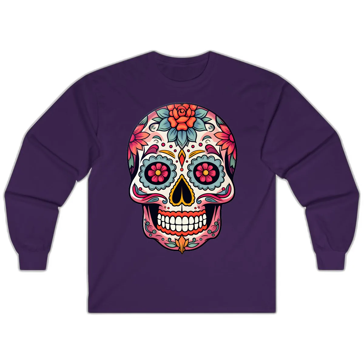 Vibrant Floral Calavera Sugar Skull Long Sleeve in Purple