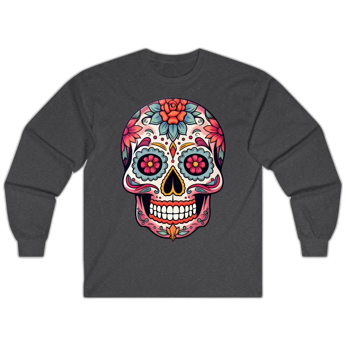 Vibrant Floral Calavera Sugar Skull Long Sleeve in Dark Heather